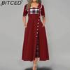 BITCED Women Fashion Casual Irregular Plaid Button Print Maxi Short Sleeve O-Neck Plus Size Party Dress