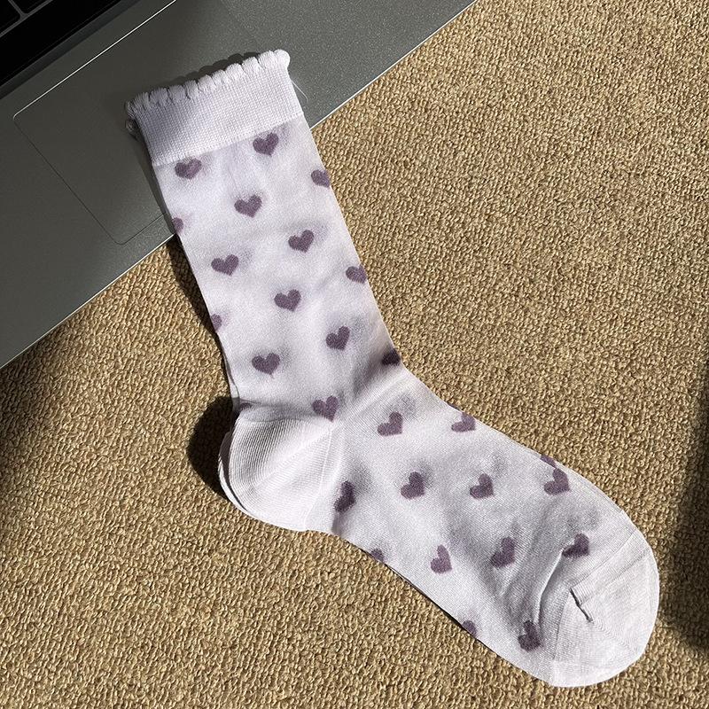 Ladies Spring and Summer Thin Love Crystal Silk Auricle Lace Breathable Cylinder Stack Socks