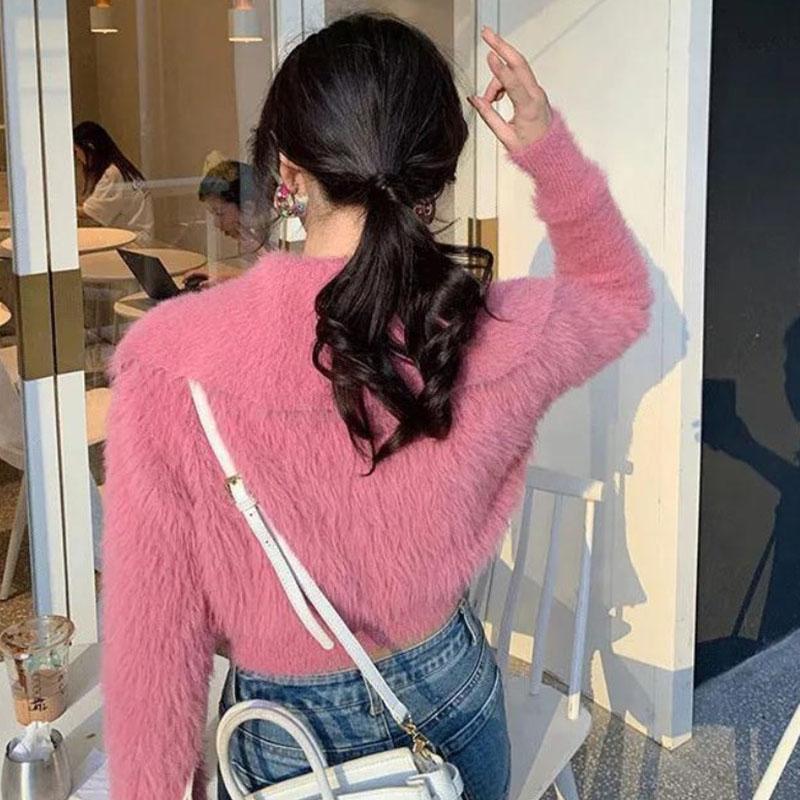 Mink Fleece Cardigan Sweater Women Polo Short Soft Waxy Autumn Solid Diamond Button Knitted Cardigan Small Fragrant Sweater Coat