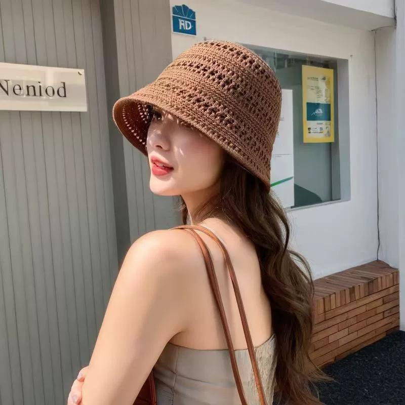 

Bucket hat women s new summer sun hat woven hollow washbasin hat split fork sunscreen bucket hat