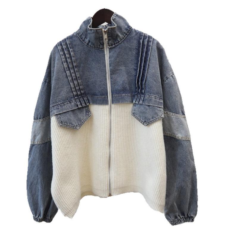 Autumn and Winter New Loose Casual Design Sweater Jacket Women's Zipper Splicing Denim Knitted Cardigan