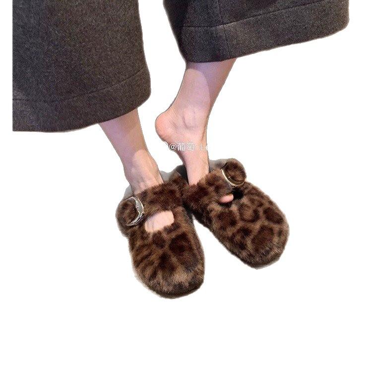 Leopard print fluffy shoes women's casual fashion and comfort Doudou shoes 2025 autumn and winter new flat-bottomed velvet warm cotton shoes