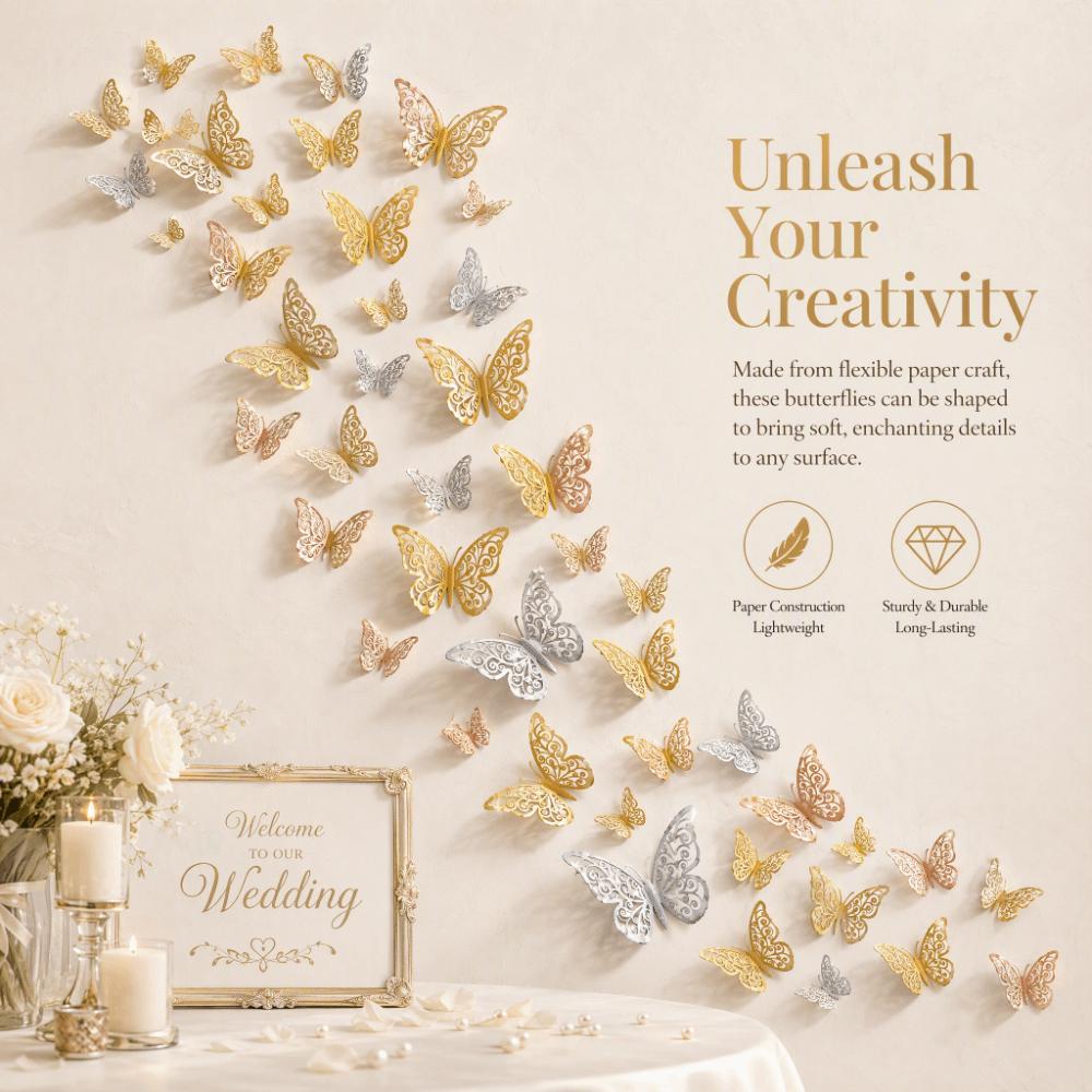 72Pcs 3 sizes Butterfly Wall Stickers Easy Cleaning Hollow Butterfly Sticker Home Decor
