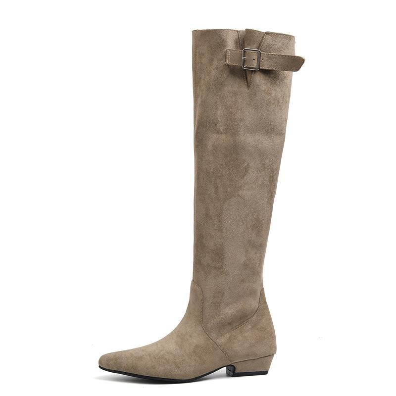 Cowhide version~ retro thick heel knight boots women's matte suede western boots belt buckle pointed high boots long boots