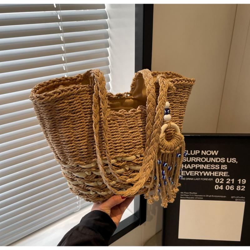 

Плетеная соломенная сумка через плечо Универсальная сумка-тоут большой вместимости Полая соломенная сумка Летняя женская сумка с волнообразным узором