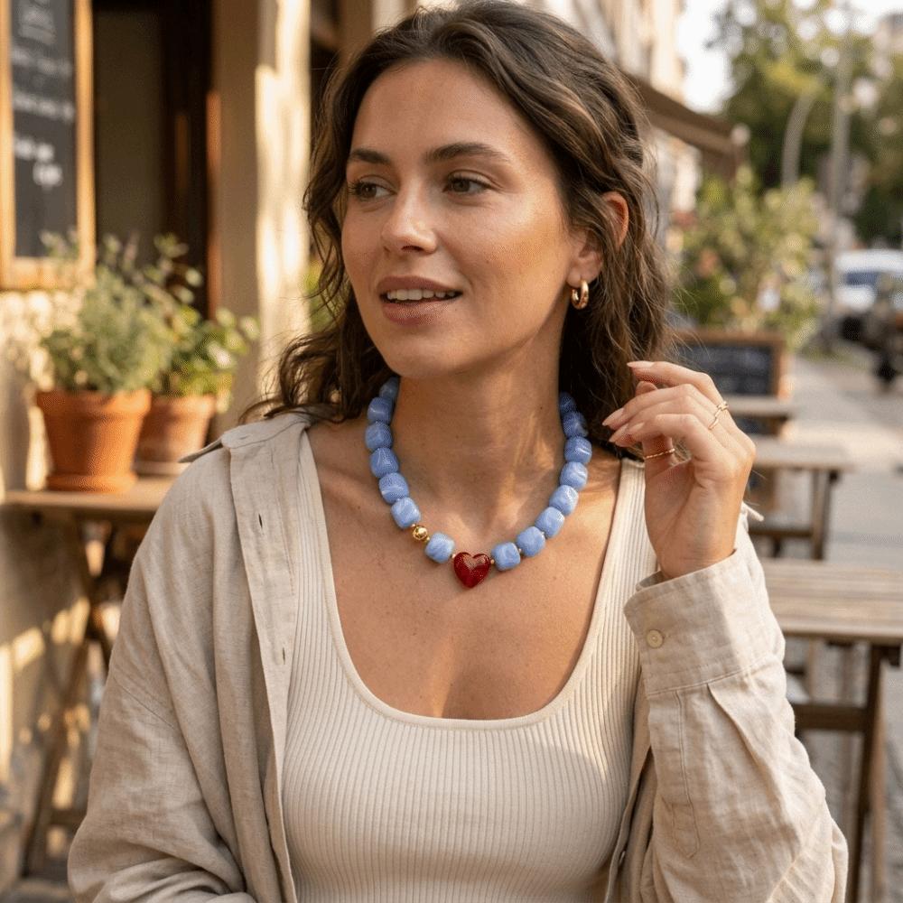 Colorful Heart Pendant Choker Square Candy Neck Chain Fashion Resin Beaded Necklace Date