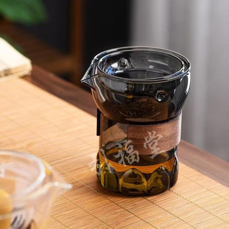 Little Green Mandarin Glass Tea Set with Wooden Ring Heat Insulation Tea Divider and Fairness Cup