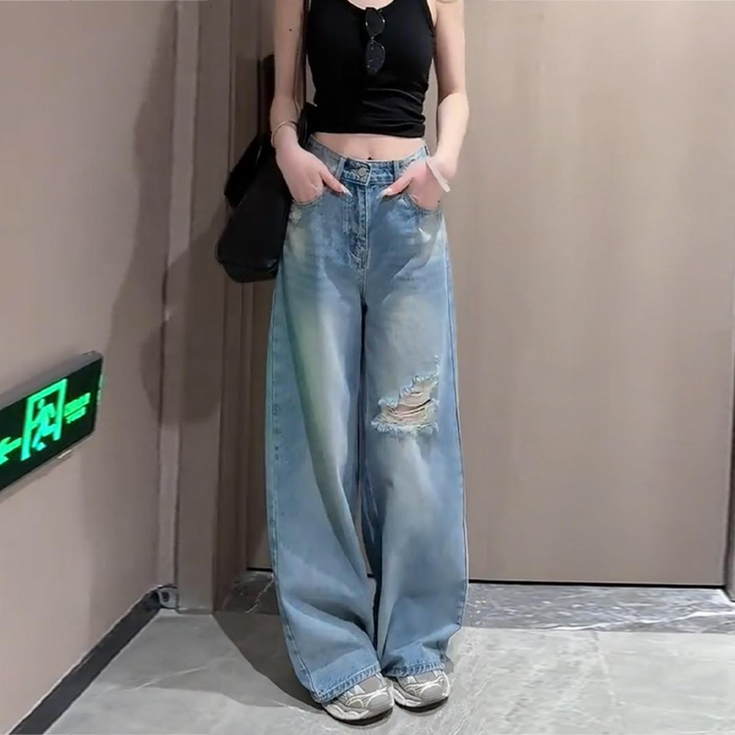 

Comfortable Blue Washed Wide Leg Jeans Women s Annual Autumn Loose 100 Draped High Waist Trailing Trousers Jeans for Women Long Denim Pants 4XL