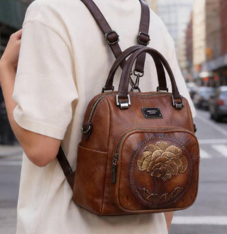 Johnature Zaino Vintage Fatto a Mano Goffrato Multiuso e Versatile Grande Capacità Borsa da Donna