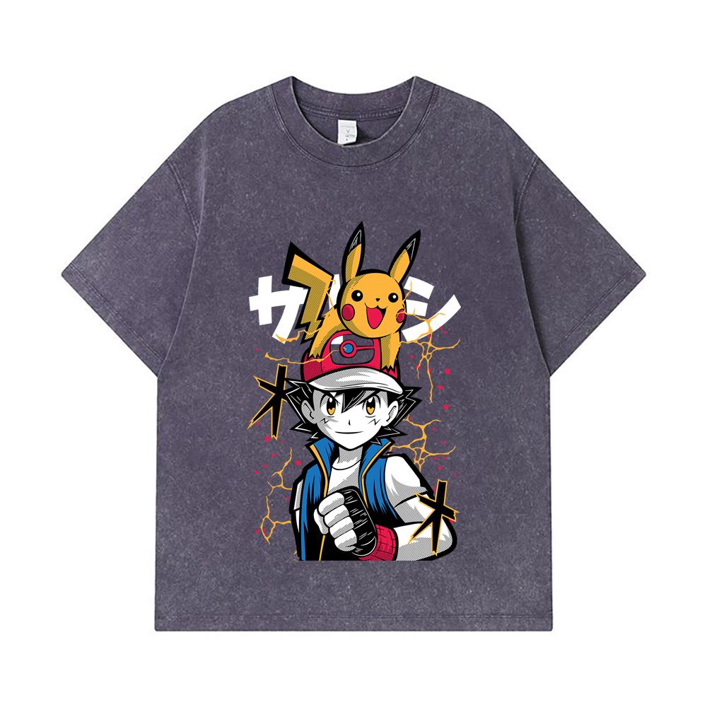 275 GSM Gewaschene T-Shirts 100% Baumwolle Pokemon V2 Ash Print Unisex Schweres Baumwoll-T-Shirt