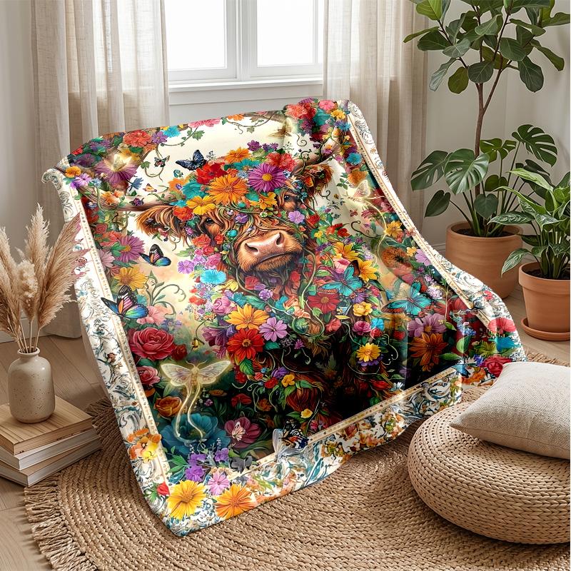 Floral Bull with Sunflowers Theme Blanket Lightweight Warm Flannel Blanket Decorative Throw Blanket for Home Decoration