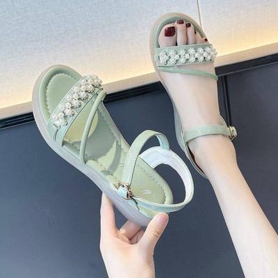 Sandalen für Damen Römerstil mit niedrigen Absätzen Damenschuhe Perlen Strasssteine 2025 Luxus Vip Sommer Bequem Großhandel im Angebot