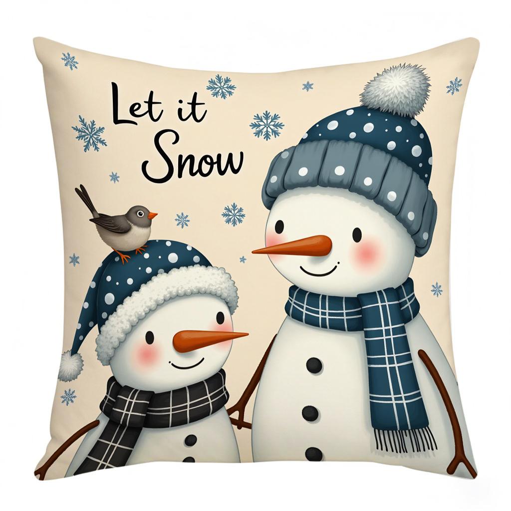 Christmas White and Blue Pillowcase Snowman Snowflake Christmas Decoration Combination Living Room Bedroom Home Cushion Cover