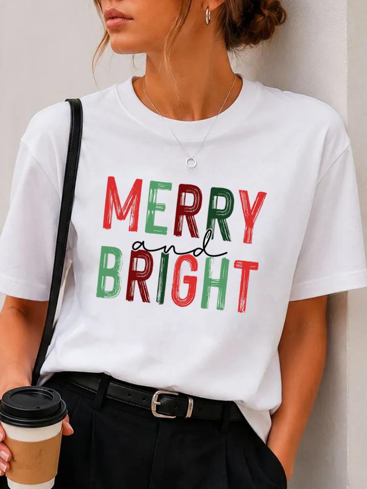 (Asian Size) Plaid Trend Cute Merry Christmas Fashion Short Sleeve T-shirts Women's Top O-neck T Shirt Print Casual New Year Clothing Graphic Tee
