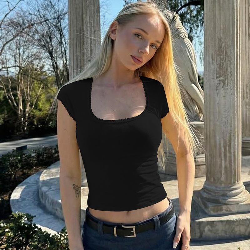 European and American style ins style women's clothing new Spice Girl style fashion trend square neck short-sleeved slim-fit bottoming shirt T-shirt