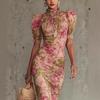 YYFS Women's Fashion Summer Spring Flower Pattern Print Short Sleeve High Neck High Waist Casual Dresses