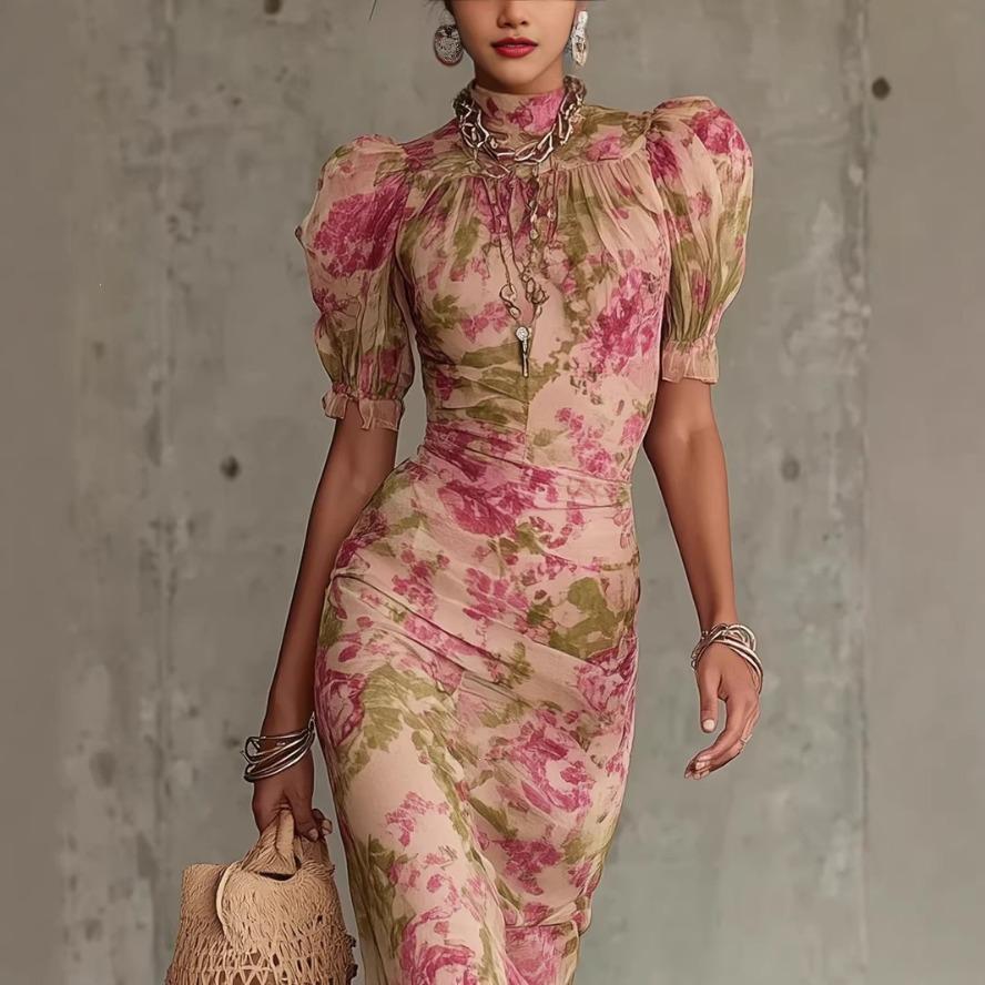 YYFS Women's Fashion Summer Spring Flower Pattern Print Short Sleeve High Neck High Waist Casual Dresses