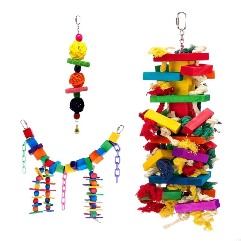 Colorful Natural Play Toy For Medium Large Birds Safe Chewing Bird Cage Hanging Activity Foraging Toy P9YB