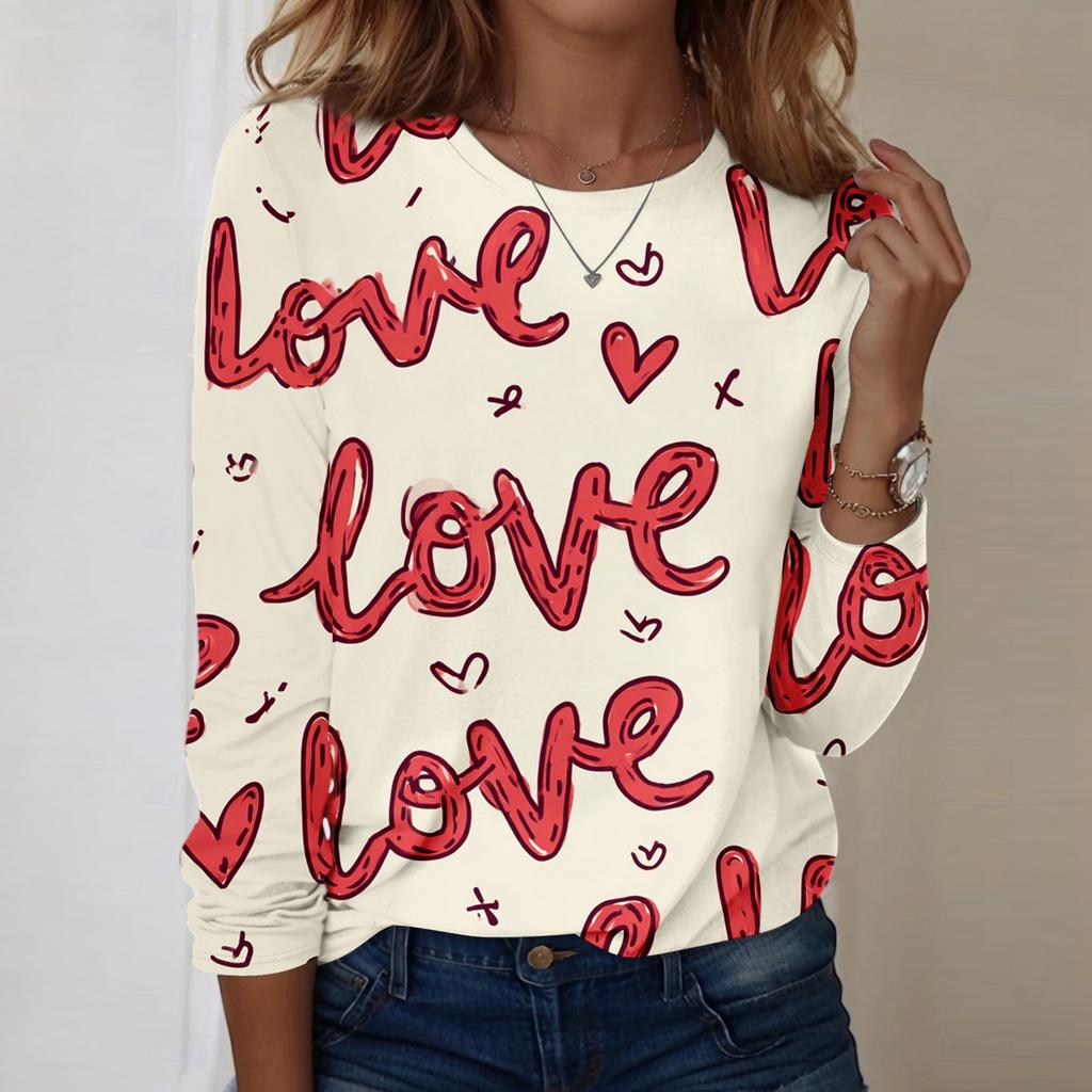 Women's Heart,shaped Printed Round,neck Loose Long,sleeved Top