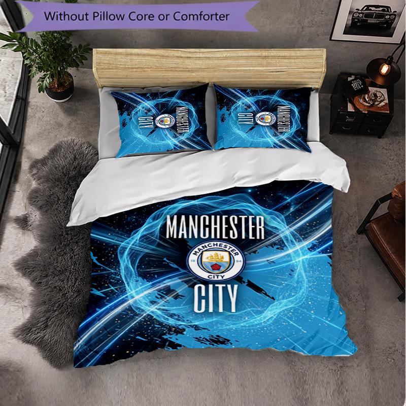 Manchester City Pattern 3 Pieces Bedding Set Soft Microfiber Duvet Cover with Pillow Cases for Bedroom