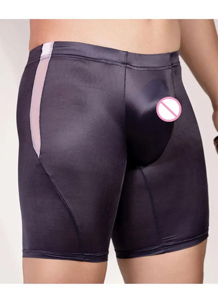 Sexy Oil Shiny Smooth Shorts For Men Bulge Pouch Shapewear High Elastic Sheer Transparent Boxer Gym Man Clothing Leggings Slim