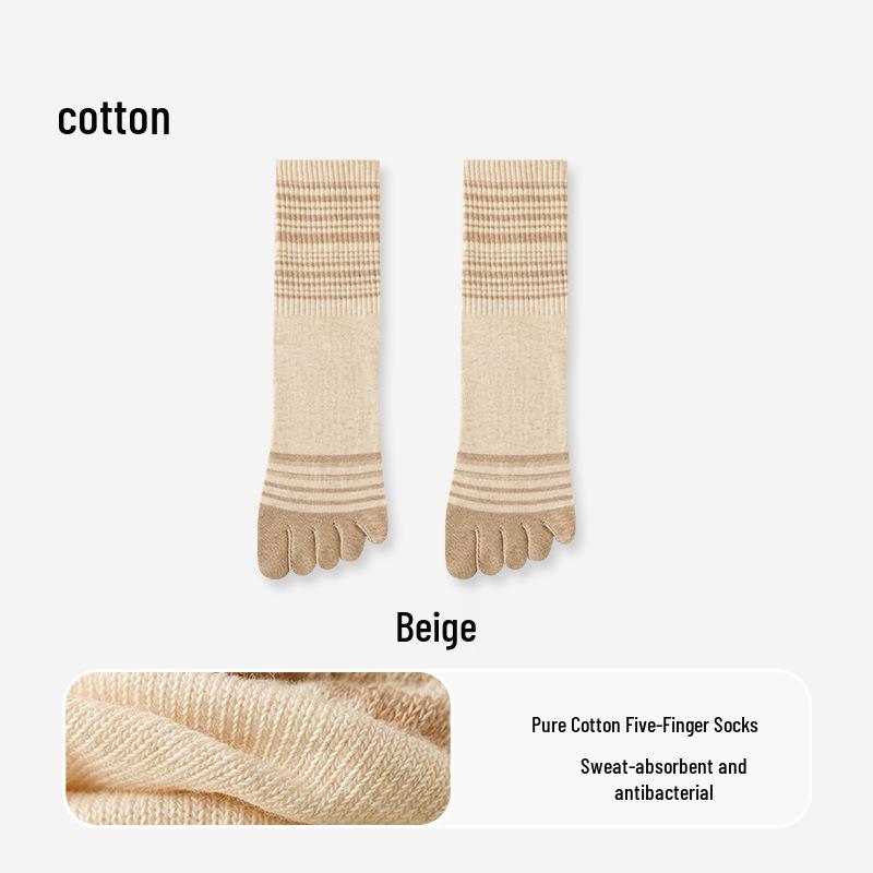 Women's Pure Cotton Non-Slip Five-Toe Mid-Calf Socks: Breathable, Odor-Resistant, Striped, for Spring/Summer