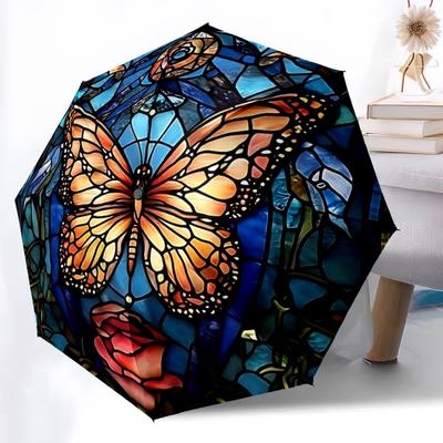 1 Stück Schmetterling Buntglas Automatischer Faltregenschirm Tragbar Zusammenklappbar 8-Rippen-Schirm für Alle Jahreszeiten, Lässiges Outdoor-Accessoire, A01