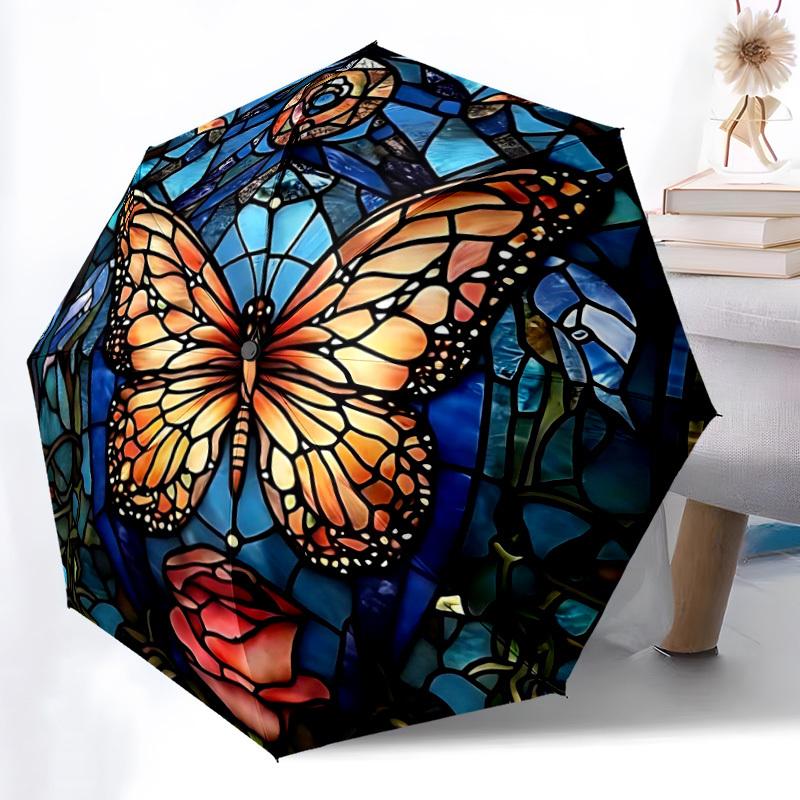 1PC Butterfly StainedGlass Automatic Folding Umbrella Portable Collapsible 8-Rib Umbrella for All Seasons, Casual Outdoor Accessory, A01