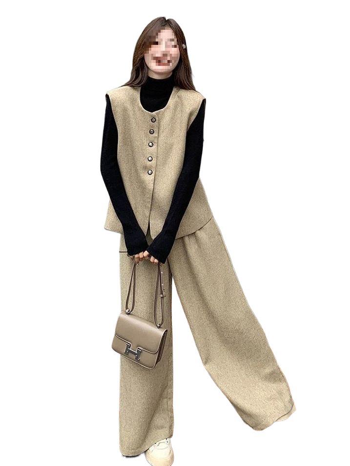 Dámský podzimní oblek ve stylu Yadan: Uvolněný set vesty a kalhot s širokými nohavicemi pro zeštíhlující vzhled