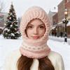 Yousheng Knitted Hat Three-in-One Scarf Hooded Design Headgear Patchwork Color Fleece Lining Windproof Winter Headwear