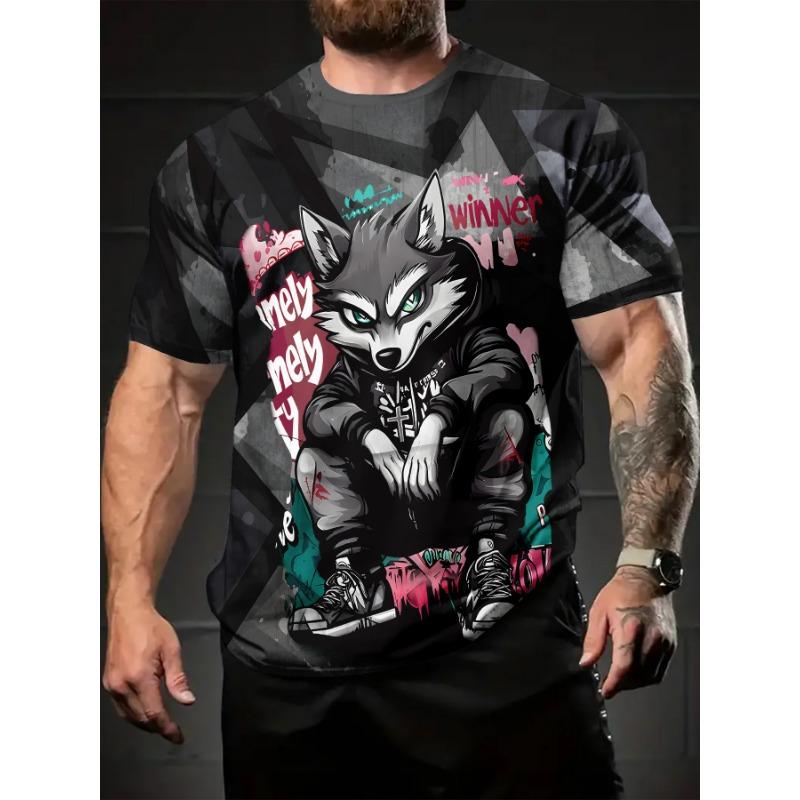 Digital Print - Men s Wolf Printed T-Shirt - Summer Street Style Short Sleeve Crew S