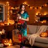 Women's V-Neck Short Sleeve Scrub Top and Pants Set with Pockets, Halloween Print Uniform 2-Piece Set