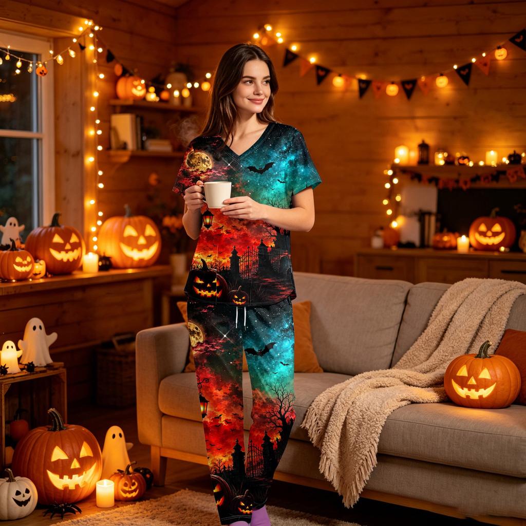 Women's V-Neck Short Sleeve Scrub Top and Pants Set with Pockets, Halloween Print Uniform 2-Piece Set