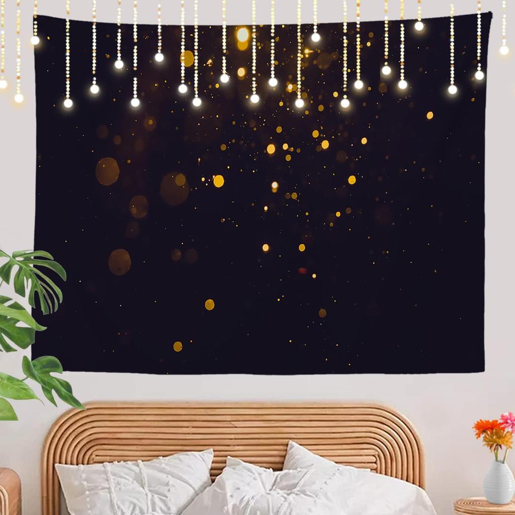 Christmas Decorations Wall Tapestry, Gold Glitter Sparkles On Black Wall Hanging Large Tapestry Decoration Polyester Fiber White