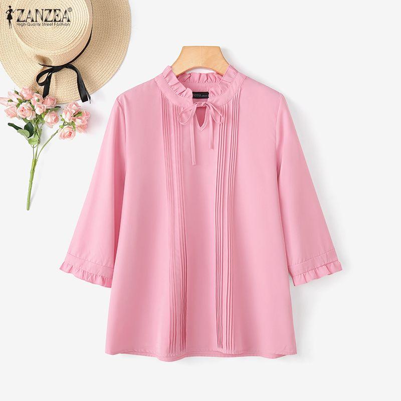ZANZEA Women Casual Round Neck Solid Color 3/4 Sleeve Blouse