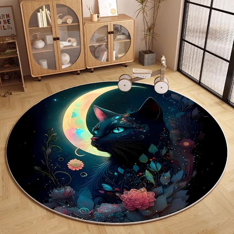 Mystical Black Cat Round Area Rug Non-Slip Floor Mat for Bedroom Witchy Cottagecore Home Decor