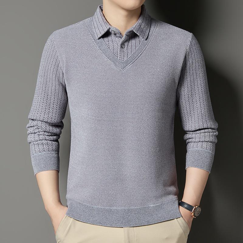 Men's Winter Plus Velvet Faux Two-Piece Knit Polo Sweater