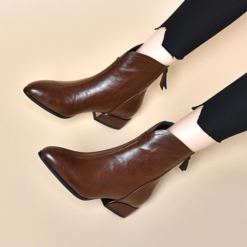 Fashion Woman Short Shoes Pointed Toe Fleece-Lined Warm Leather Ankle Boots for Women Designer Luxury Large Size Hot New Rock Pu Booties