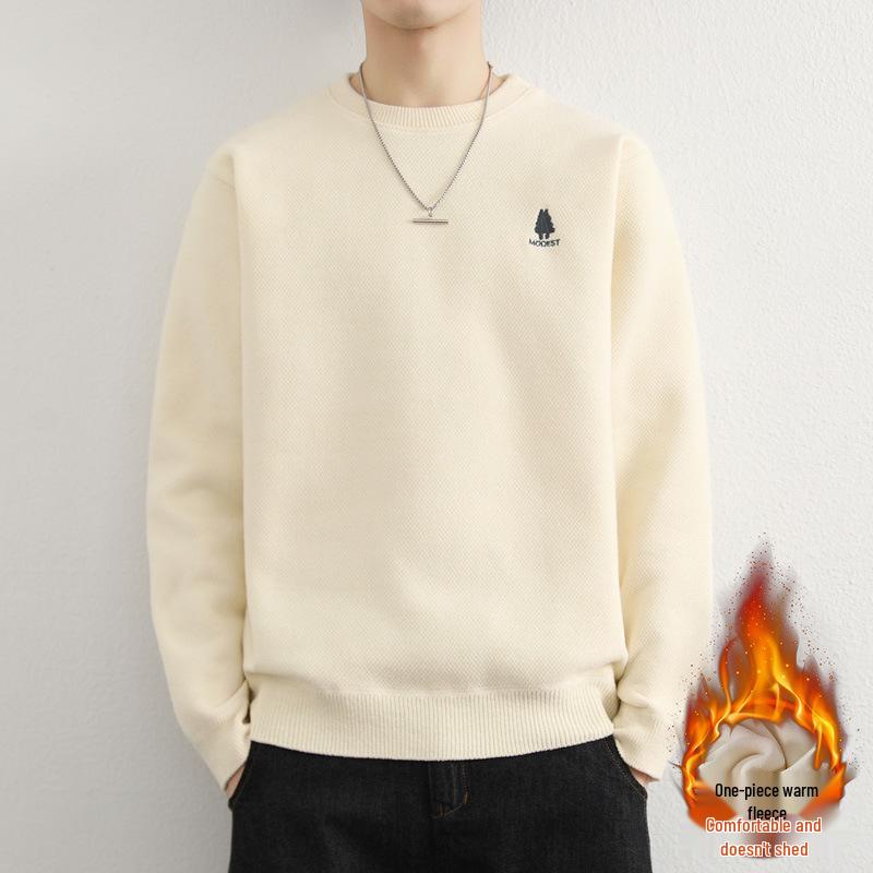 Men's Youth Velvet Thickened Wool Sweater - Embroidered, Warm, Trendy Round Neck Knitwear for Autumn and Winter