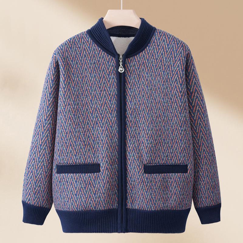 Mom Spring Knitted Sweater Women's New Middle-aged and Old Velvet Cardigan Top Spring and Autumn Grandma Sweater Jacket