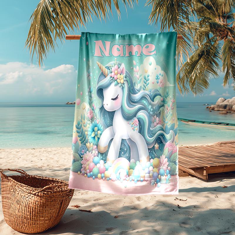 Custom Name Ultra-Soft Beach Towel with Unicorn Theme,Ideal for Pool - Camping, Diving - Perfect Travel Essential, Vibrant Beach Towel.