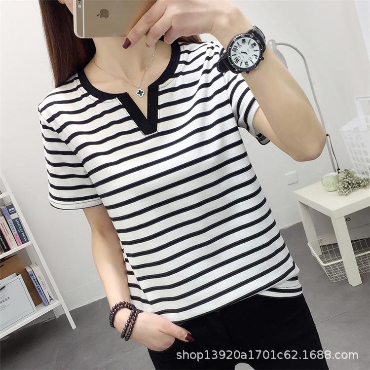 Women's Plus-Size Striped V-Neck Cotton T-Shirt, Short-Sleeve Loose Fit