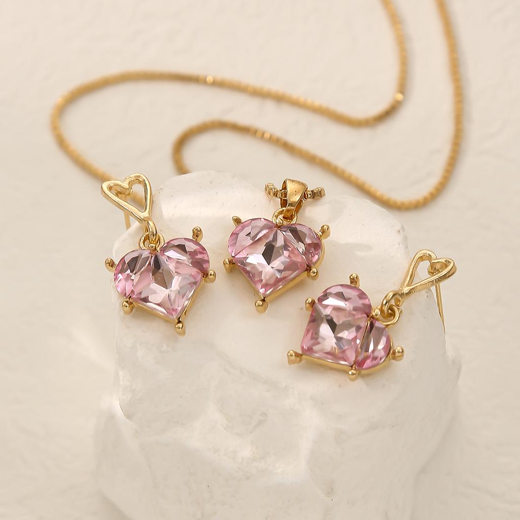 Elegant Box Chain Choker Pink Heart-shaped Pendant Necklace Earring Women's Daily Dating Zircon Ideal Valentine's Day Gift