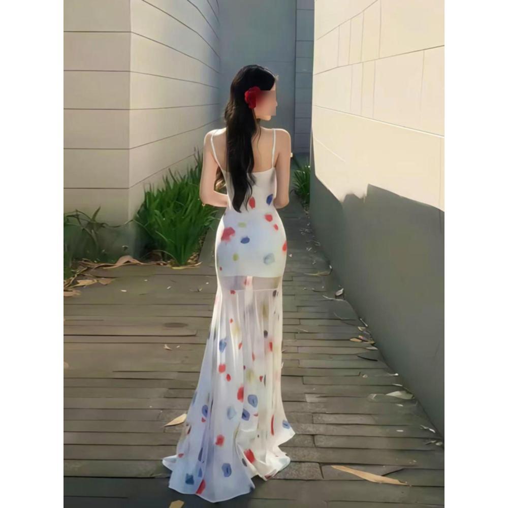 Dopamine waist skirt, island wear, waist long skirt, fishtail skirt, seaside vacation beautiful color suspender dress