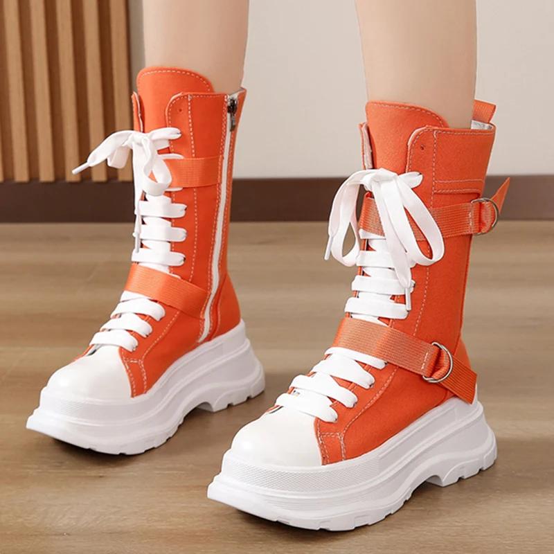 Fashion Chunky Platform Orange Canvas Shoes Women 2025 Autumn Thick Bottom Lace Up Ankle Boots Brand Design Y2K Woman's Motorcycle Boots