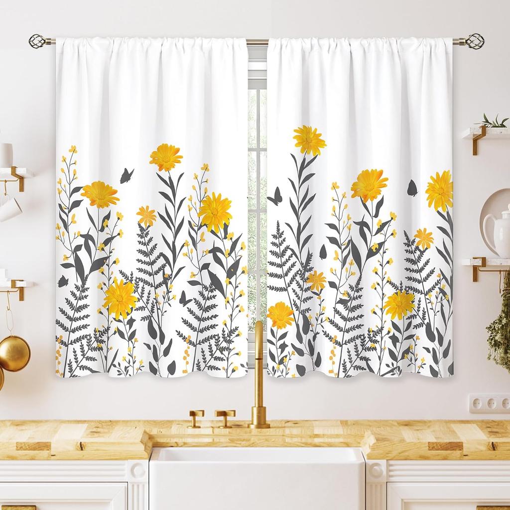 Green Boho Flower Small Kitchen Curtains Flower Plant Window Treatment Botanical Herb Chic Rod Pocket Cafe Short Window Curtains