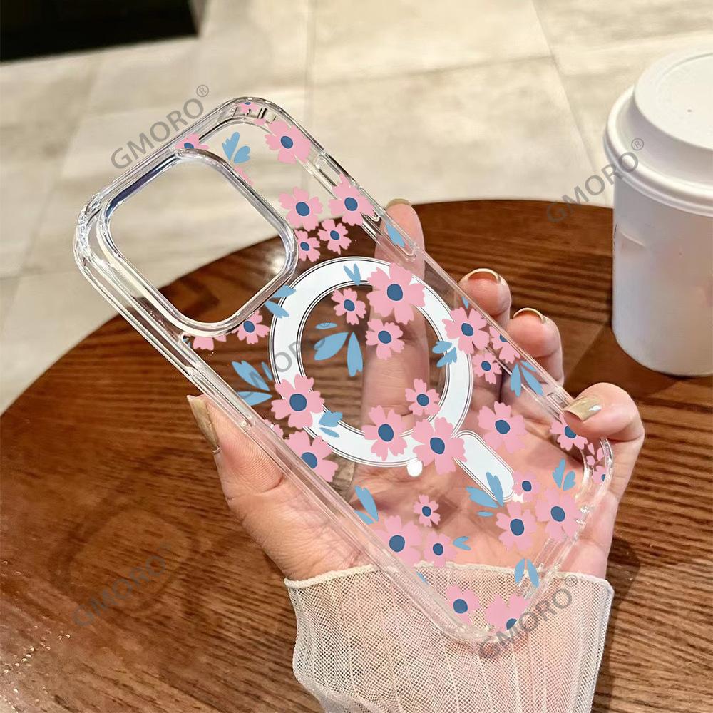 Magnetic transparent mobile phone case Apple 16 fresh floral iPhone17 Amazon hot-selling anti-drop protective case 15pm