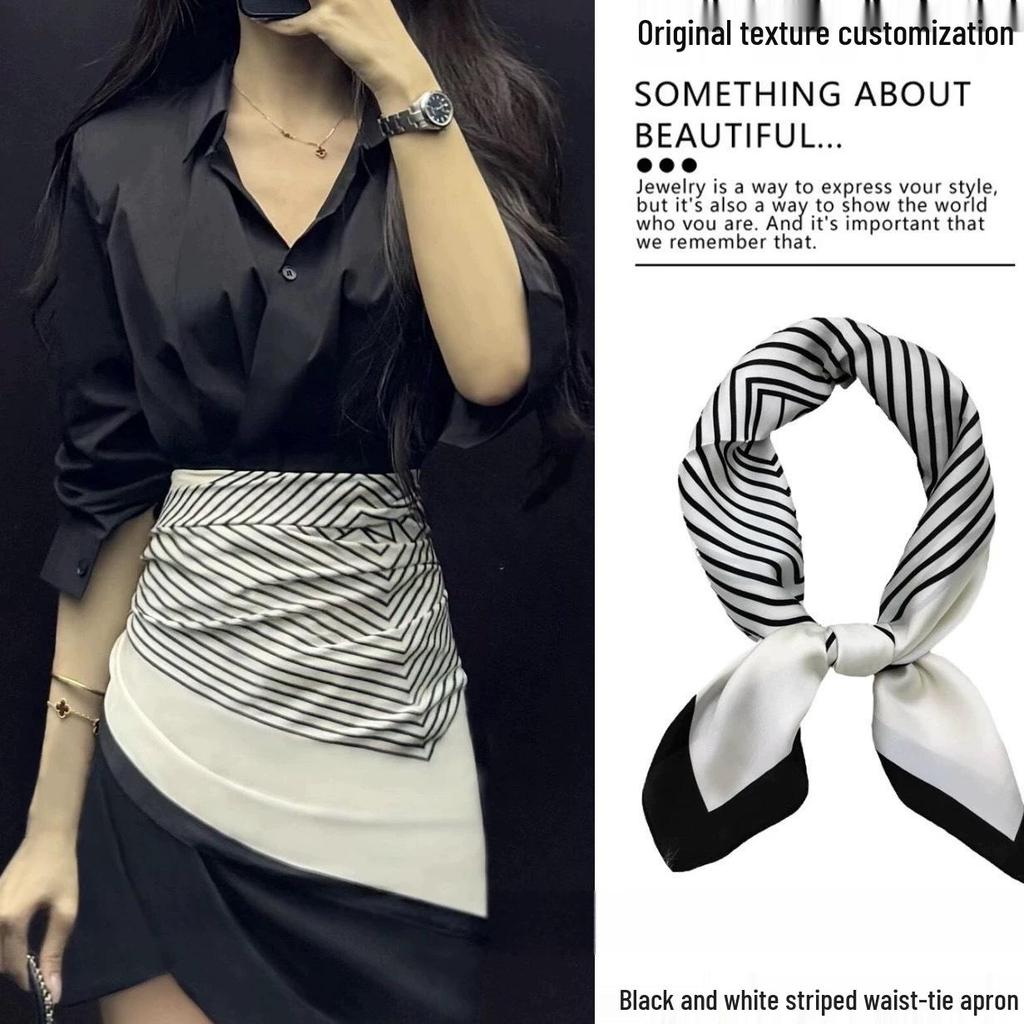 Elegant Black & White Striped Silk Scarf: Retro, Versatile Accessory