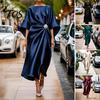 Langer Faltenrock Damen Damen Satin Fledermausärmel Maxikleid, Strassakzent Rundhalsausschnitt Leichtes Sommerkleid Abendparty A-Linie