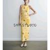 Summer New Product Women's Clothes French Round Neck Sleeveless A- Line Printed Silk Net Long Midi Skirt Dress 5039627